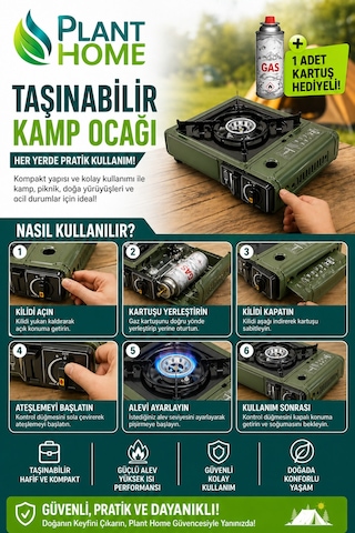 Taşınabilir Kamp Ocağı Kartuşlu & Tüplü Kullanım 1 Adet Gaz Kartuş Hediyeli Portatif Piknik Kamp Ocak Çok Renkli