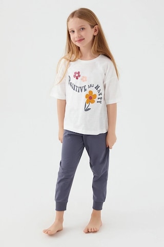 Kız Çocuk Kısa Kollu Çiçekli Pijama Takım-12637 Beyaz