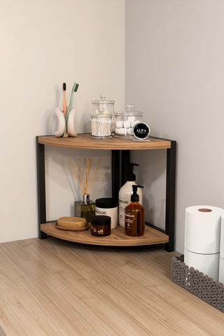 İki Raflı Banyo Köşe Oval Düzenleyici Organizer Raf Metal Gövdeli Çok Amaçlı Banyo Standı Atlantik Çam