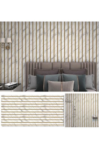 120cmx300cm Tek Parça Yapışkanlı Rulo Gold Çizgili Mermer Desenli Duvar Paneli Kağıdı Qm0136