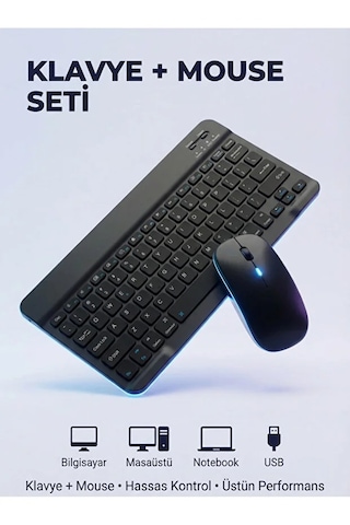 Kablosuz Bluetooth Klavye Ve Dongle Lı Mouse Seti Şarjlı Klavye Ve Fare Kombinasyonu Siyah