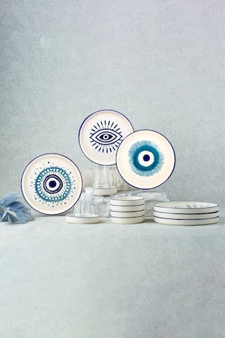 Kevin Seramik Hand Made Nazar Boncuklu Kahvaltı Takımı - Çay Seti 18 Parça 6 Kişilik Mavi