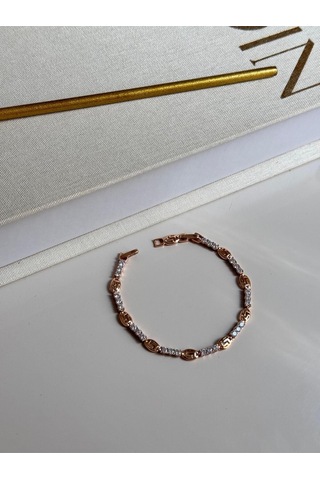 Zincir Motifli Zirkon Taşlı Altın Renk Çelik Bileklik Şık Kadın Takı Gümüş