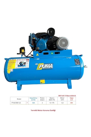 Puma PT40/300-5.5 300 L 5.5 HP 12 Bar 2 Piston 380 V Döküm Kafa Kompresör