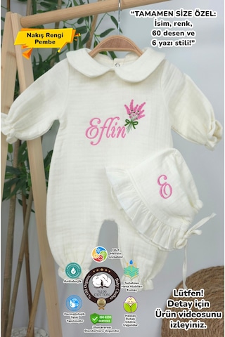Gros Shop Müslin Yeni Doğan 4katlı Organik %100pamuk Kişiye Özgü Nakışlı Hastane Çıkış Seti Lavanta Modeli Ekru
