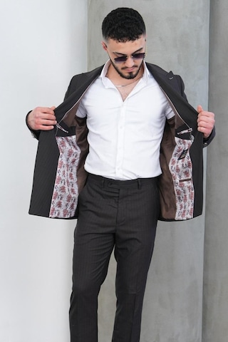 Dupont Classics Dupont Slim Fit Sivri Yaka 6 Drop Çift Yırtmaç Çizgili Viskon Kruvaze Erkek Takım Elbise Kahverengi