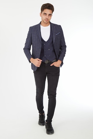 Sposo 5140 Yelekli Dar Kalıp Lacivert Ekose Erkek Blazer Ceket Lacivert