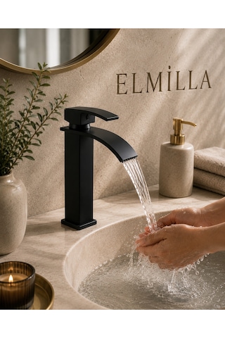 Lüx Premium Mat Siyah Şelale Lavabo Bataryası Çift Su Girişli Modern Tasarım Batarya