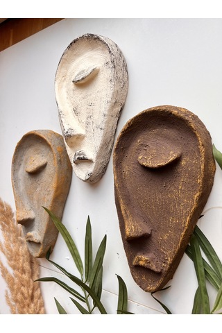 Özel Tasarım El Yapımı Heykel Soyut Yarım Yüz Maske 3'lü Set, Duvar Dekor, Modern Ev Ve Ofis Dekoru