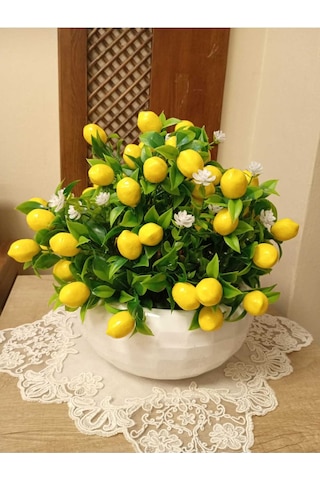 Limon Aranjman Limon Çiçekli Yapay Çiçek Aranjmanı Mutfak Masaüstü Dekoratif Beyaz Lüks Saksıda