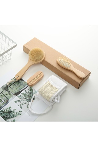 Vkemall Banyo Fırçalama Seti 4 Parça - Saksafras Göğüs Fırçası + Tarak + 2 Adet Temizleme Fırçası