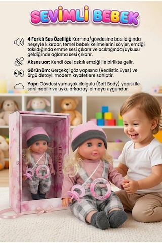 Sevimli Bebeğim 4 Farklı Sesli İnteraktif Ağlıyan 34cm Emzikli Kıyafetli Oyuncak Bebek 1