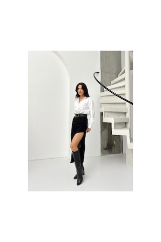 Kene Jeans Yüksek Bel Siyah Uzun Ön Parçalı Asimetrik Kot Etek Siyah