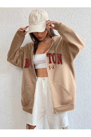 Altamira Unisex Bej Boston Baskı Kapüşonlu Hırka 001