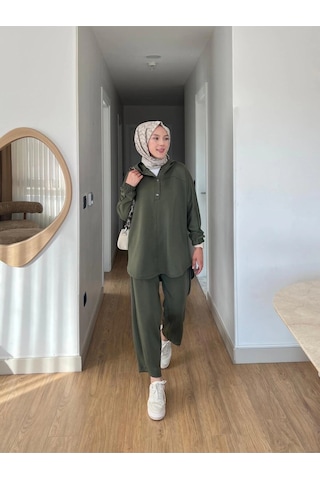 Lena Modal Kumaş Çıt Çıt Detaylı Kadın Tesettür İkili Takım Haki