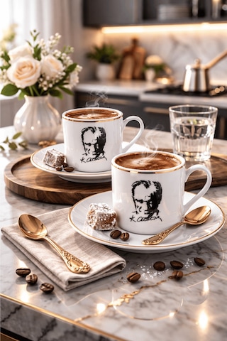 2'li Porselen Atatürk Silüetli Fincan Takımı - Yaldız Detaylı Fincan Seti Beyaz - Altın