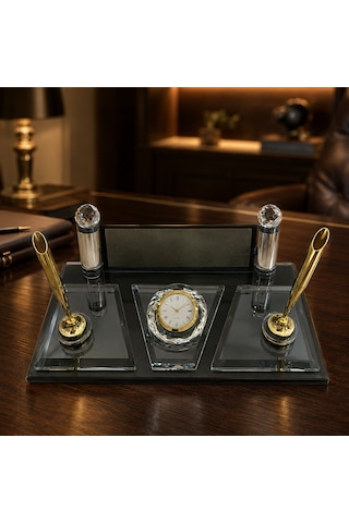 Kişiye Özel Lüks Kristal Masaüstü İsimlik - Gold Detay Saatli & Çift Kalemli Siyah