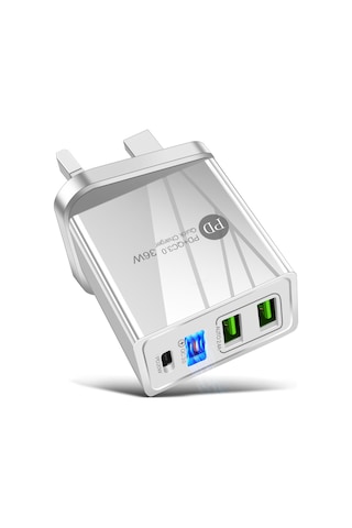 Xiyyadms Beyaz Mini 36w Seyahat Şarj Cihazı, 3 Usb Qc3.0 + Pd Hızlı Şarj, İngiliz Standardı, Taşınabilir Telefon Şarj Aleti