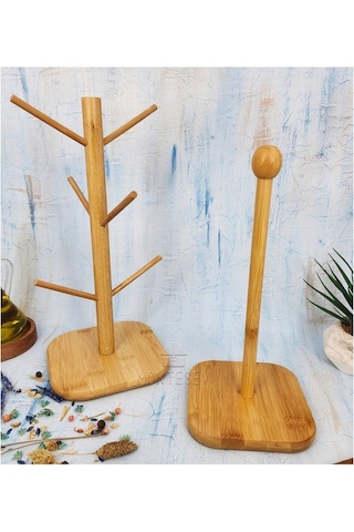 Ahşap Bambu Bardak Kupa Fincan Askılığı Kağıt Havluluk 2li Set