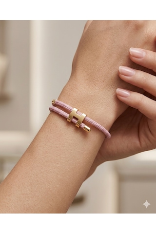Unisex H Model Gold Renk Çelik Detay Pembe İp Bileklik