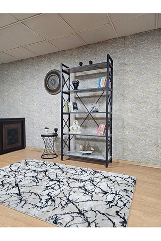 Siyah Boyalı Kitaplık - 5 Raflı Suntalem Lüks Kitaplık Marmol Çok Renkli