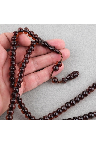 Ateş Kehribar 99luk Namaz Tesbih Tekerlek Kesim 9x7mm Tesbih - Kahverengi Kahverengi