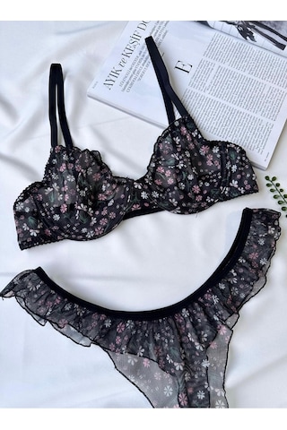 Siyah Çiçek Detaylı Balenli Bralet Sütyen Set Siyah