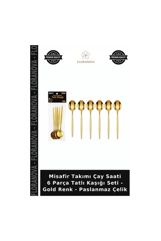 Misafir Takımı Çay Saati 6 Parça Tatlı Kaşığı Seti - Gold Renk - Paslanmaz Çelik Çok Renkli