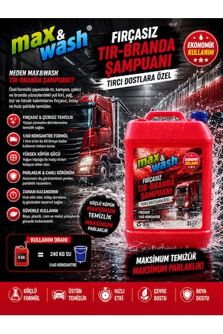 Max&wash 4 Kg Fırçasız Tır-branda Şampuanı 1/60 Konsantre Fırçasız Oto Yıkama Ve Branda Temizleyici