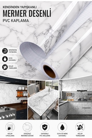 Deconitte Kendinden Yapışkanlı Beyaz Mermer Desenli Pvc Kaplama Folyo Tezgah Masa Dolap 60x100cm