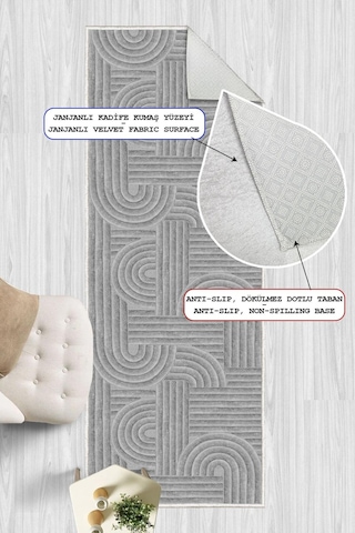 Geometrik Desenli Dekoratif Kaymaz Taban Yıkanabilir Yolluk Antre Hol Halısı Gri