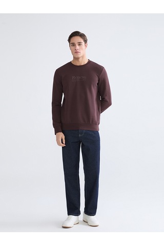 Lcwaıkıkı Classic Kahverengi Bisiklet Yaka Baskılı Erkek Kalın Sweatshirt