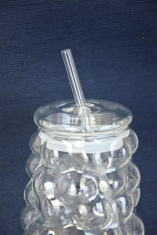 Mien Üzüm Desen Bubble Borosilikat Cam Pipetli Bardak 1 Litre Şefaf