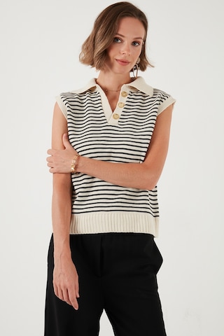 Lela Çizgili V Yaka Triko Bayan Süveter 4616171 Krem-Siyah
