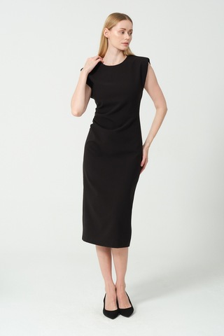 Arka Yırtmaç Detaylı Bel Büzgülü Elbise Siyah