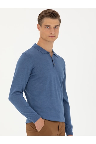 Cacharel Koyu Mavi Slim Fit Polo Yaka Basic Triko Kazak