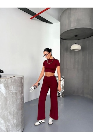 Efnaz Style Osy Modal Yumuşak Dokulu Kumaş Kısa Kollu Crop Alt Ispanyol Paça Pantalon Ikili Takım - Bordo