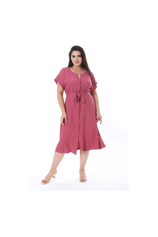Kadın Büyük Beden Gül Kurusu Bürümcük Kumaş Ön Boy Düğmeli V Yakalı Elbise 65n38316-gül Kurusu Gül Kurusu