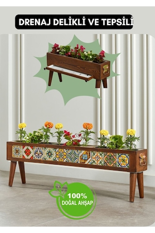 Halohope El Yapımı Ayaklı 10 Çinili Dekoratif Modern Ahşap Dikdörtgen Bahçe Balkon Saksı Saksılık Çiçeklik