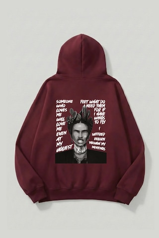 Uyguntarz Unisex Yumuşak Dokulu Frida Kahlo Viva La Vida Baskılı Tasarım Oversize 3 İplik Hoodie Sweatshirt Bordo