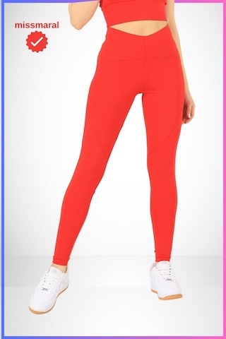 Missmaral Slim Fit Tayt Yüksek Bel Toparlayıcı Kırmızı Spor Model Flatlock Dikiş Detaylı Oslo 1090 Kırmızı