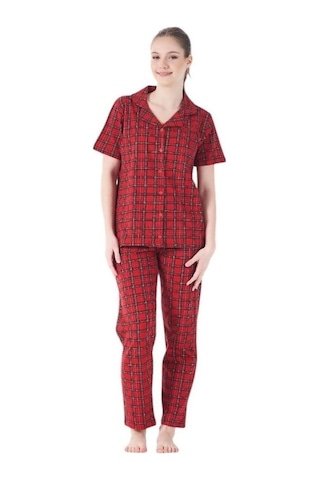 Estiva Kareli Desen Önden Düğmeli Bayan Pijama Takım Kırmızı