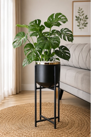Bitkidunyam Mat Ayaklı Saksı, Metal, Altın Detaylı Kenar, Modern Minimalist Stil, İç Mekan, 52x21 Cm No:4 Siyah