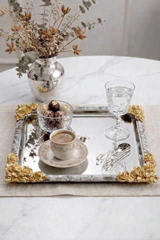 Kare Gold Vintage İşlemeli Kahve Sunum Tepsisi-lüx Servis Tepsisi Gold
