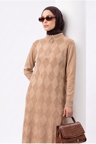 Armine Trend Baklava Desenli Fermuar Yaka Uzun Triko Tunik Latte 25ktd4112 Açık Kahverengi