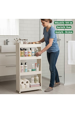 Technow Motek Sr-04 Tekerlekli Plastik Banyo Rafı 4 Katlı Organizer Beyaz Beyaz