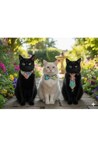 Flypet Renkli Çiçek Desen 3lü Set Papyon + Fular+ Kravat Kedi Tasma & Yavru Köpek Tasma 13cm-24cm