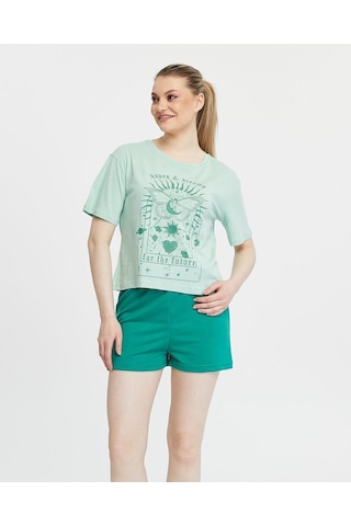 Bella Dossi Pamuklu Kısa Kollu Baskılı Kadın Şortlu Yazlık Pijama Takımı Mint Mint Yeşili
