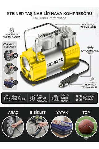 Schatz 12v 150 Psi Işıklı Bakır Sargılı Çakmaklık Girişli Mini Hava Kompresörü 35l Sarı