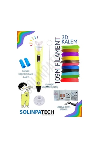 Sarı 3D Kalem 3D Pen Yazıcı Kalem | 20 Adet 5 Metre (Toplam 100 Metre) Filament + USB KABLO